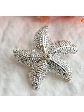 Starfish Shaped Rhinestone Accented 80's Textured Vintage Costume Jewelry Brooch